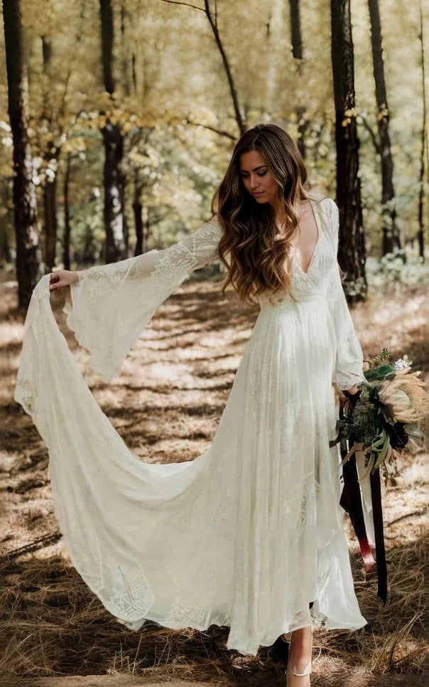 Boho Simple Casual Long Sleeves Lace Wedding Dress With Sweep Train